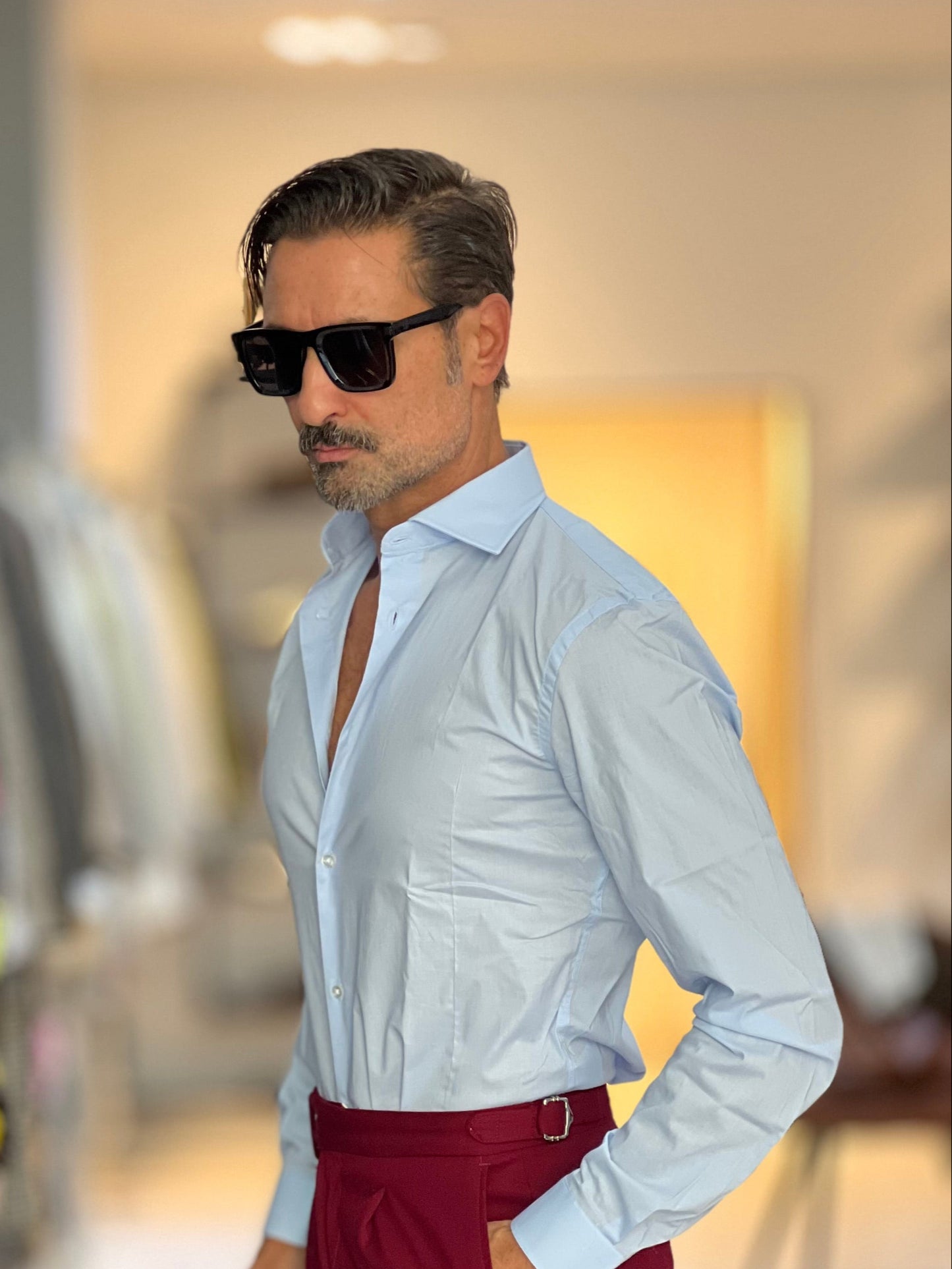 CAMICIA CELESTE POPELINE DI COTONE STRECH