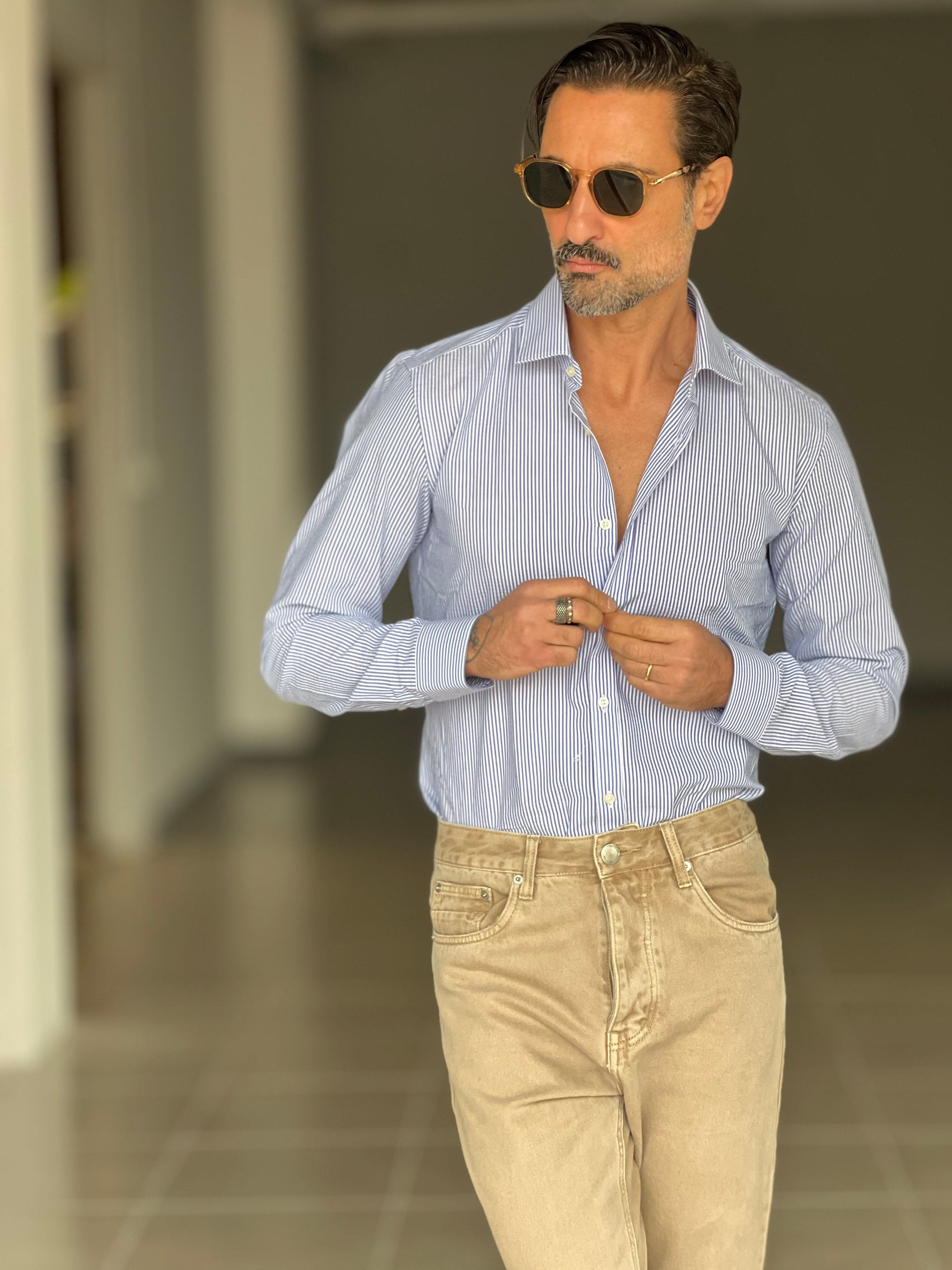 CAMICIA DEPOT  BACCHETTA FINA BLU   COLLO PICCOLO POPELINE  DI COTONE DOPPIORITORTO