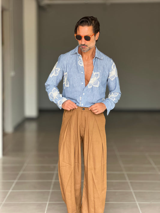 PANTALONE CARAMELLO  LINO E COTONE  DOPPIA  PINCES BALOON 00125