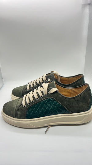 LEATHER AND SUEDE SNEAKERS WITH YELLOW CAP