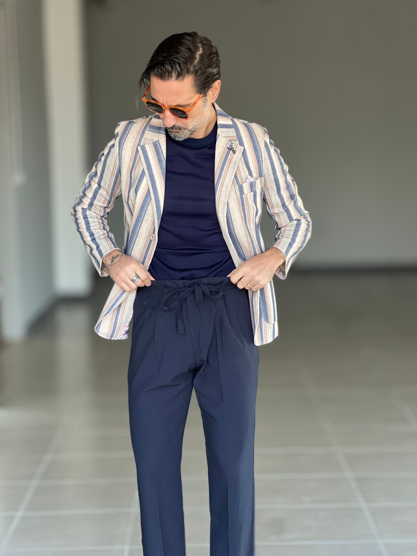 PANTALONE  PINCES BLU CREP DI  VISCOSA G PLAY INSERTO CINTURA 0025