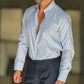 CAMICIA MILLERIGHE BLU STRETCH POPELINE DI COTONE