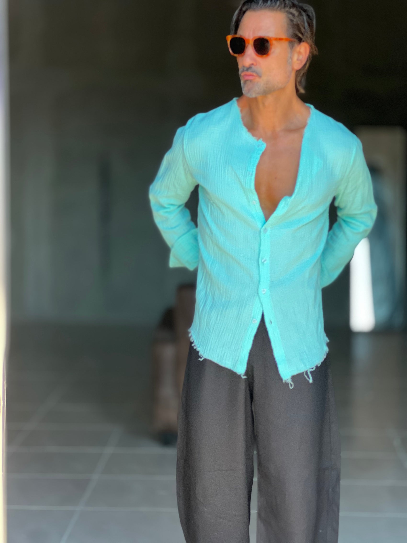 CAMICIA COREANA VERDE ACQUA GOFFRATA COTONE  EFFETTO LINO 278