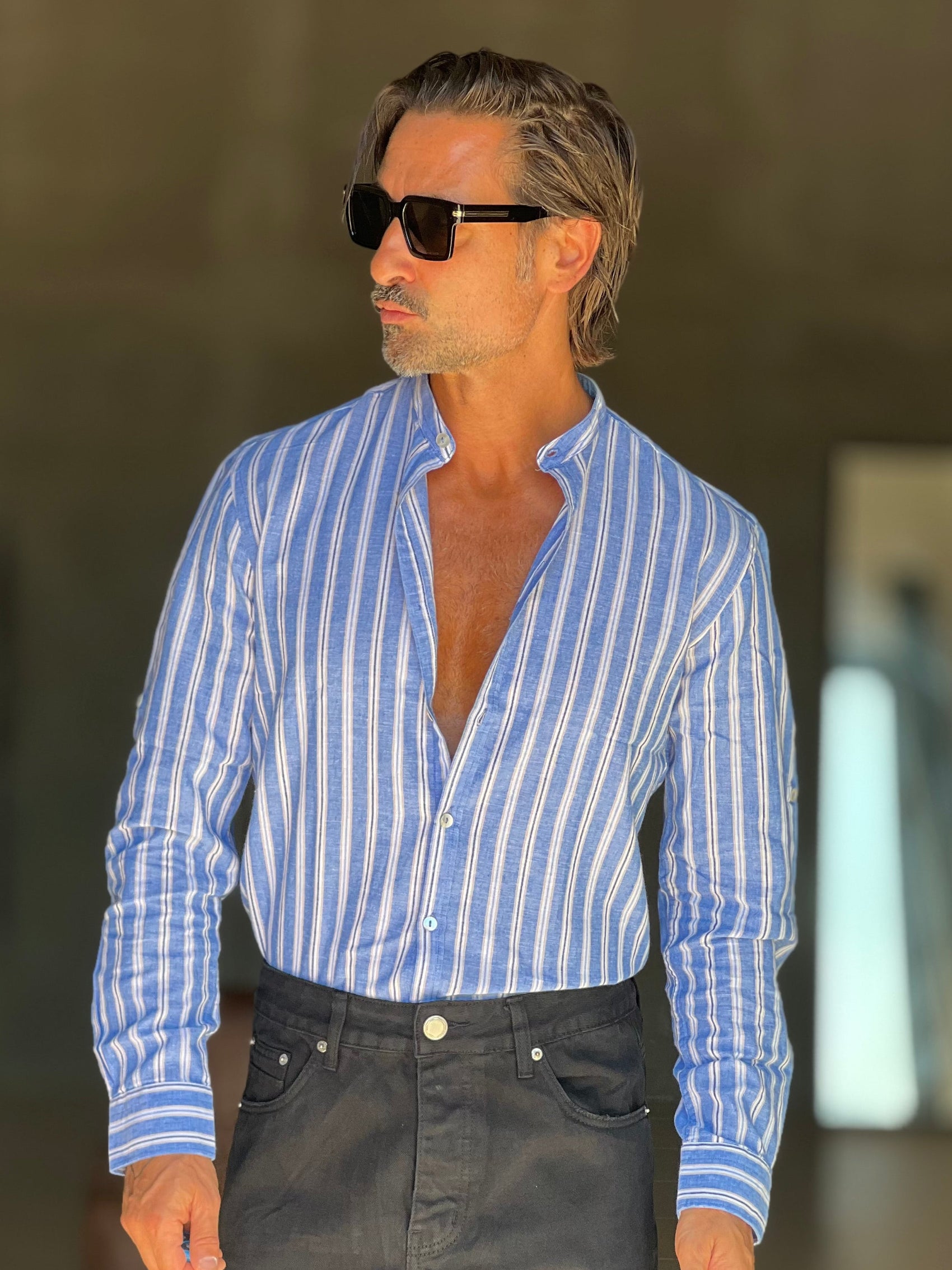 CAMICIA COREANA RIGA MULTICOLOR  BLU  MISTO LINO 777