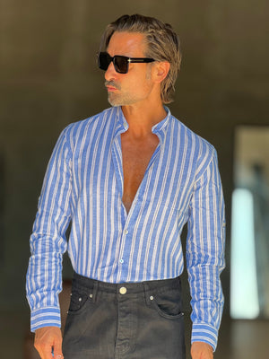 CAMICIA COREANA RIGA MULTICOLOR  BLU  MISTO LINO