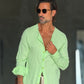 CAMICIA COREANA VERDE KIWI GOFFRATA COTONE  EFFETTO LINO. 278