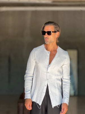 CAMICIA COREANA GRIGIO CHIARO GOFFRATA COTONE  EFFETTO LINO