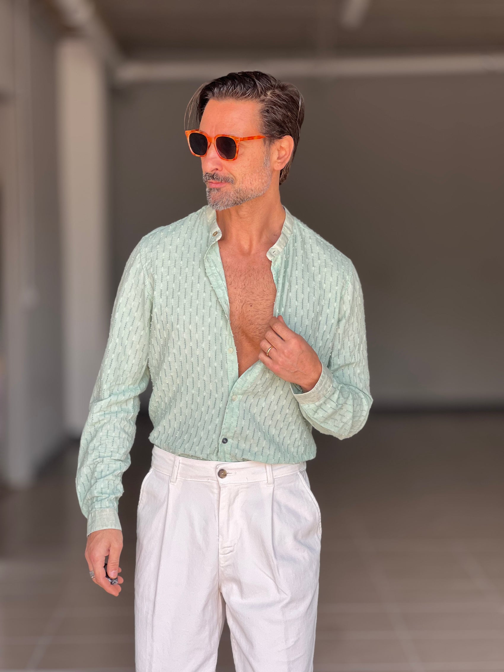 CAMICIA KOON VERDE ACQUA LINO E COTONE LAVORAZIONE TRAMATA 0046