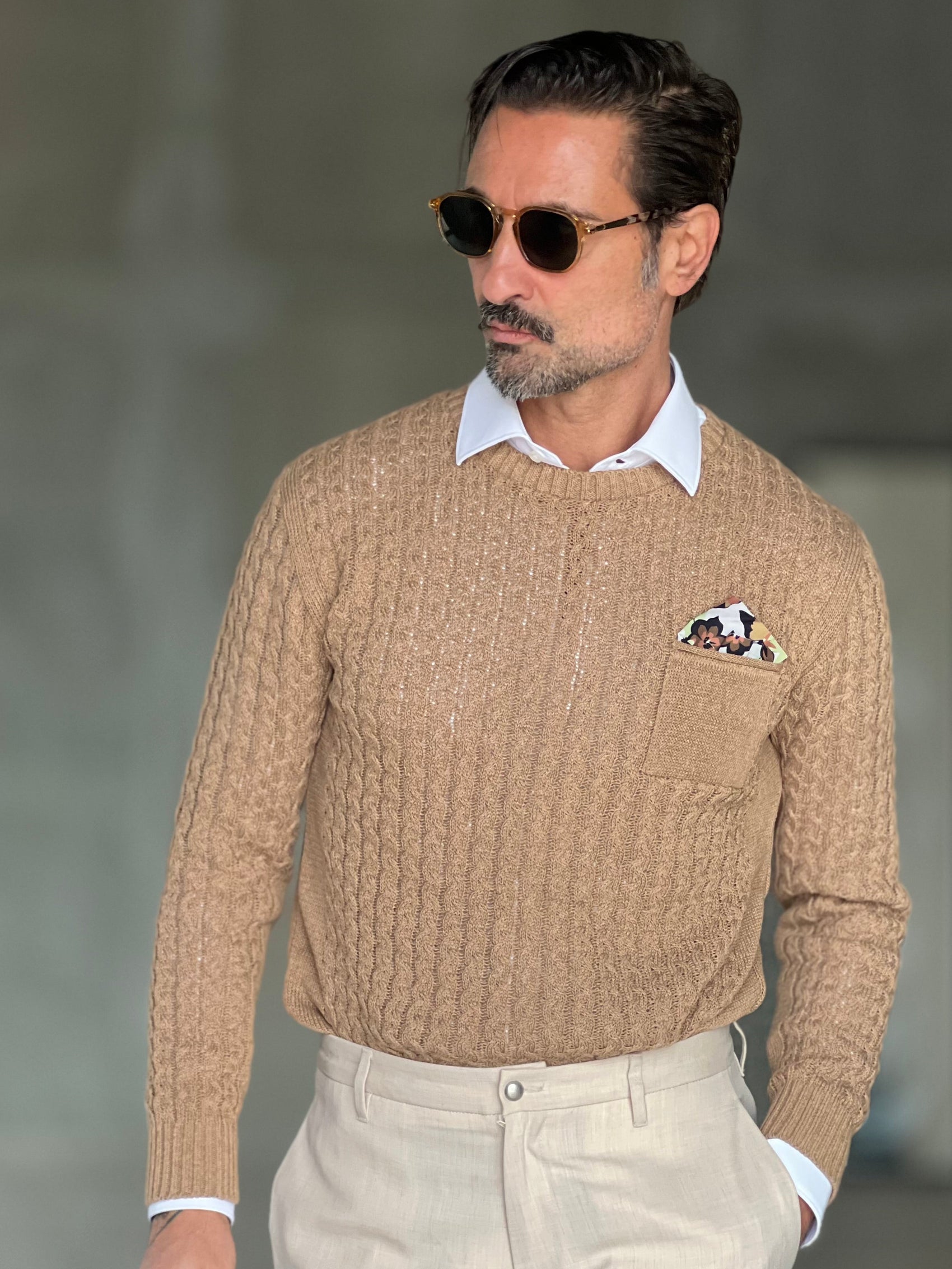 MAGLIA TORTORA  TRECCIA COTONE TASCHINO