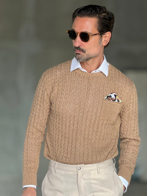 MAGLIA TORTORA  TRECCIA COTONE TASCHINO