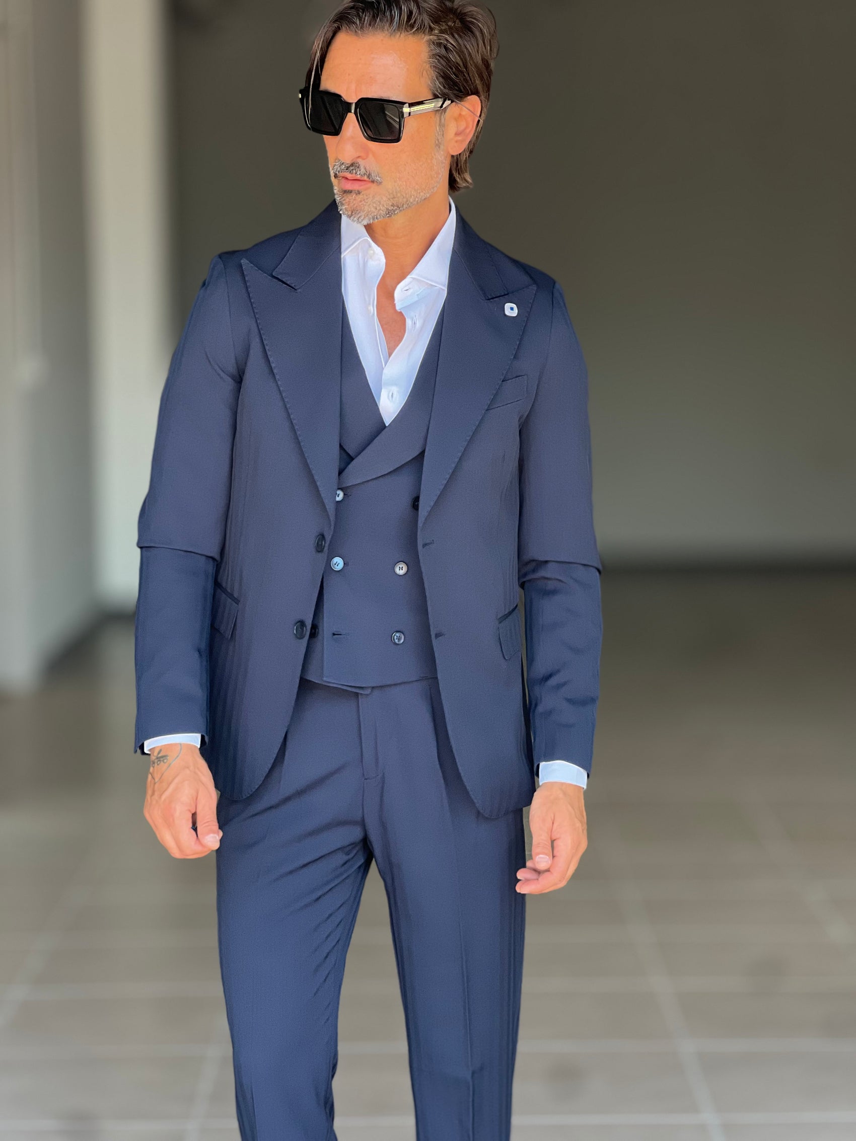 ABITO BLU  MONOPETTO  3 PEZZI  TRAMATO GILET PETRO'