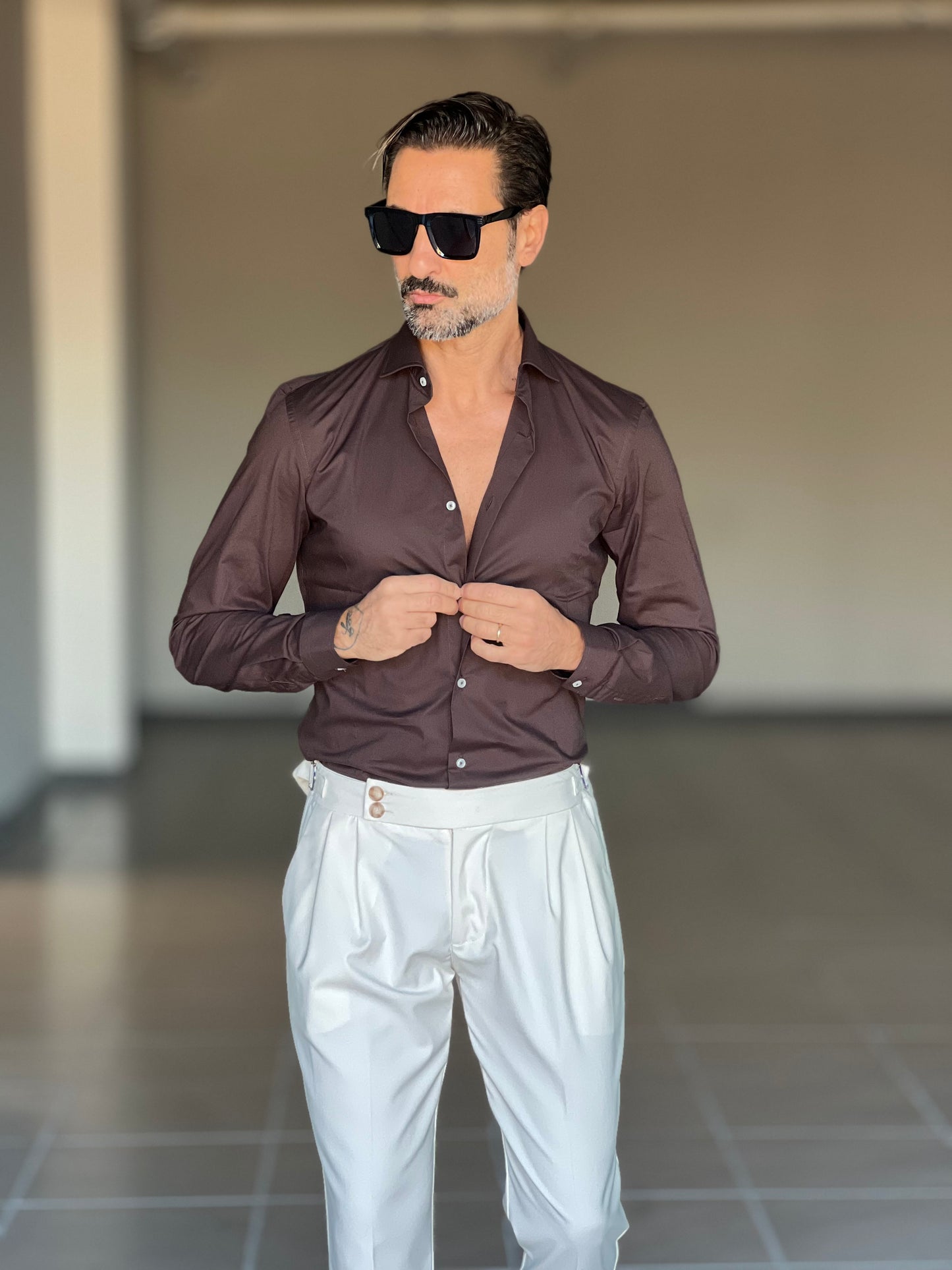 CAMICIA MORO  POPELINE DI COTONE STRECH