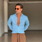 CAMICIA  AZZURRA LINO E MISTI COLLO ITALIANO
