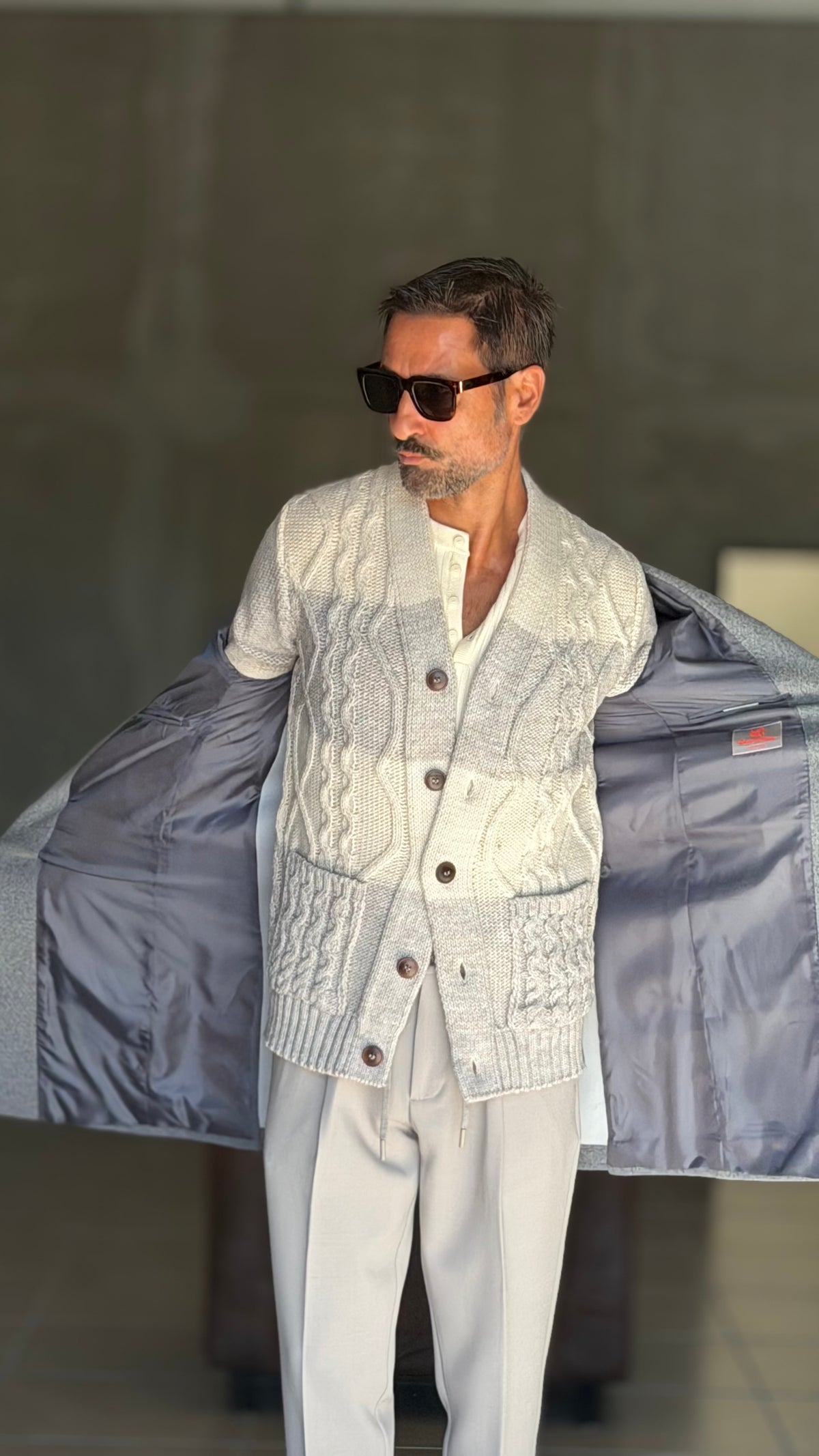 CARDIGAN MAGLIA INGLESE BANDA RIGA PANNA E  GRIGIO BL11