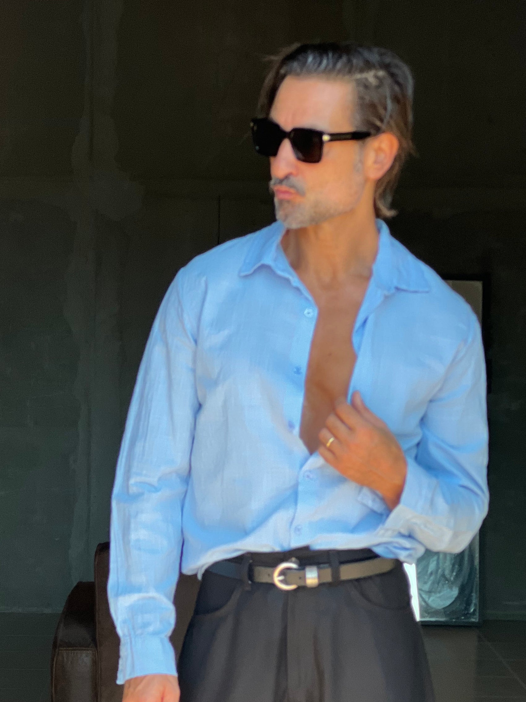 CAMICIA CELESTE COTONE EFFETTO LINO 279