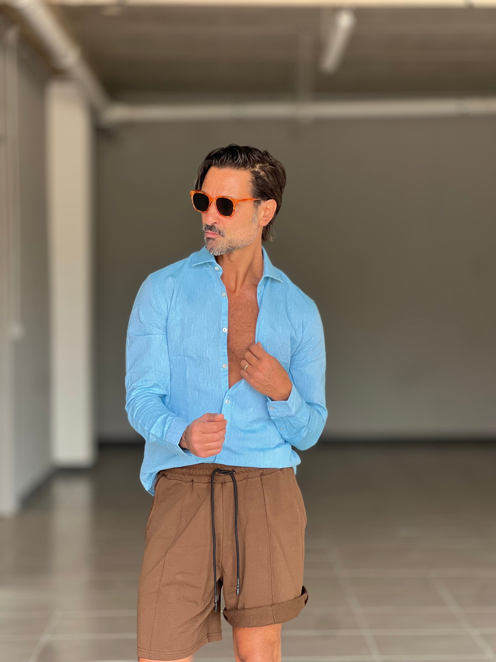 CAMICIA  AZZURRA LINO E MISTI COLLO ITALIANO