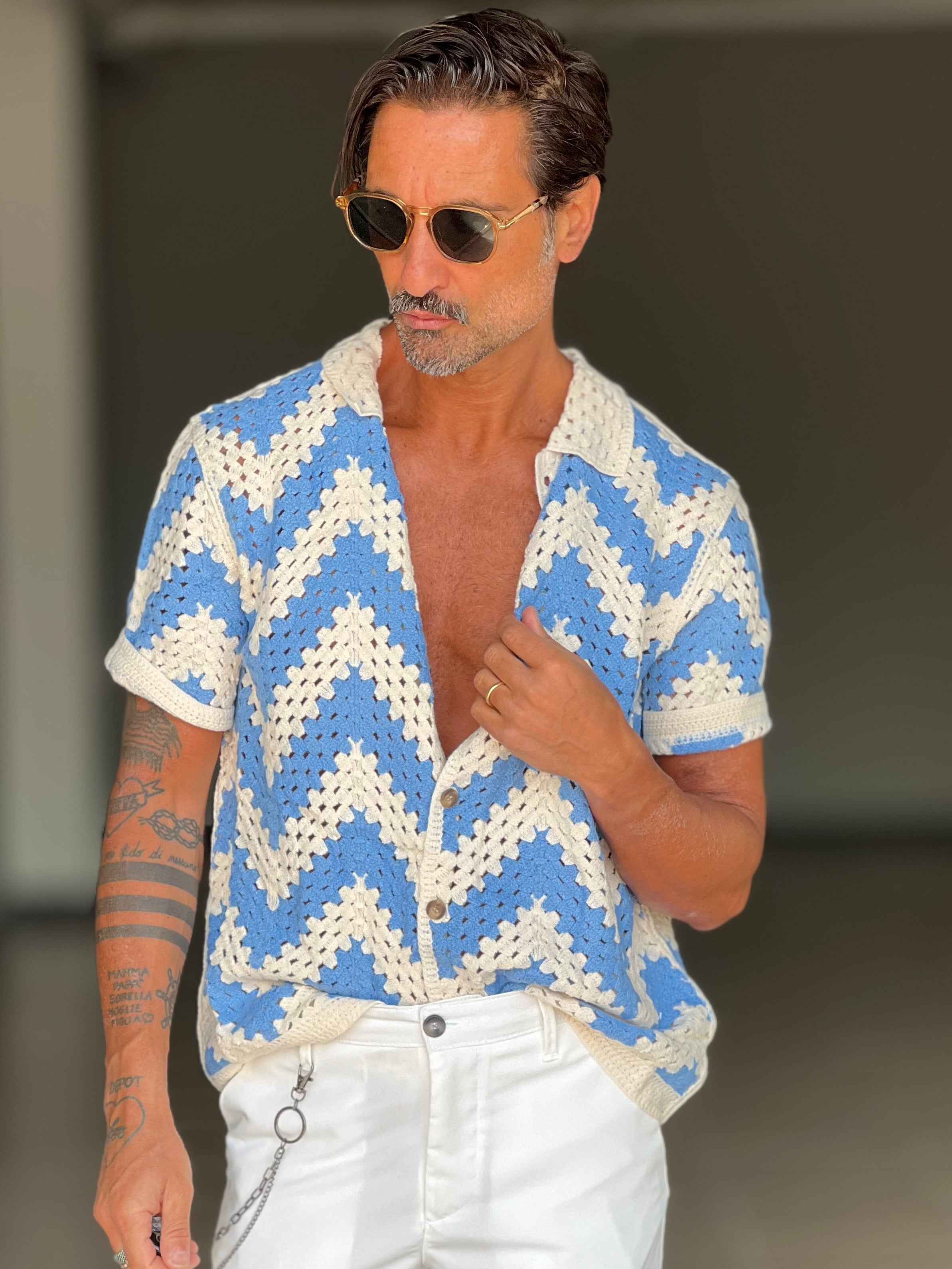 POLO PANNA  DISEGNO ROMBO CELESTE E PANNA   LAVORAZIONE UNCINETTO