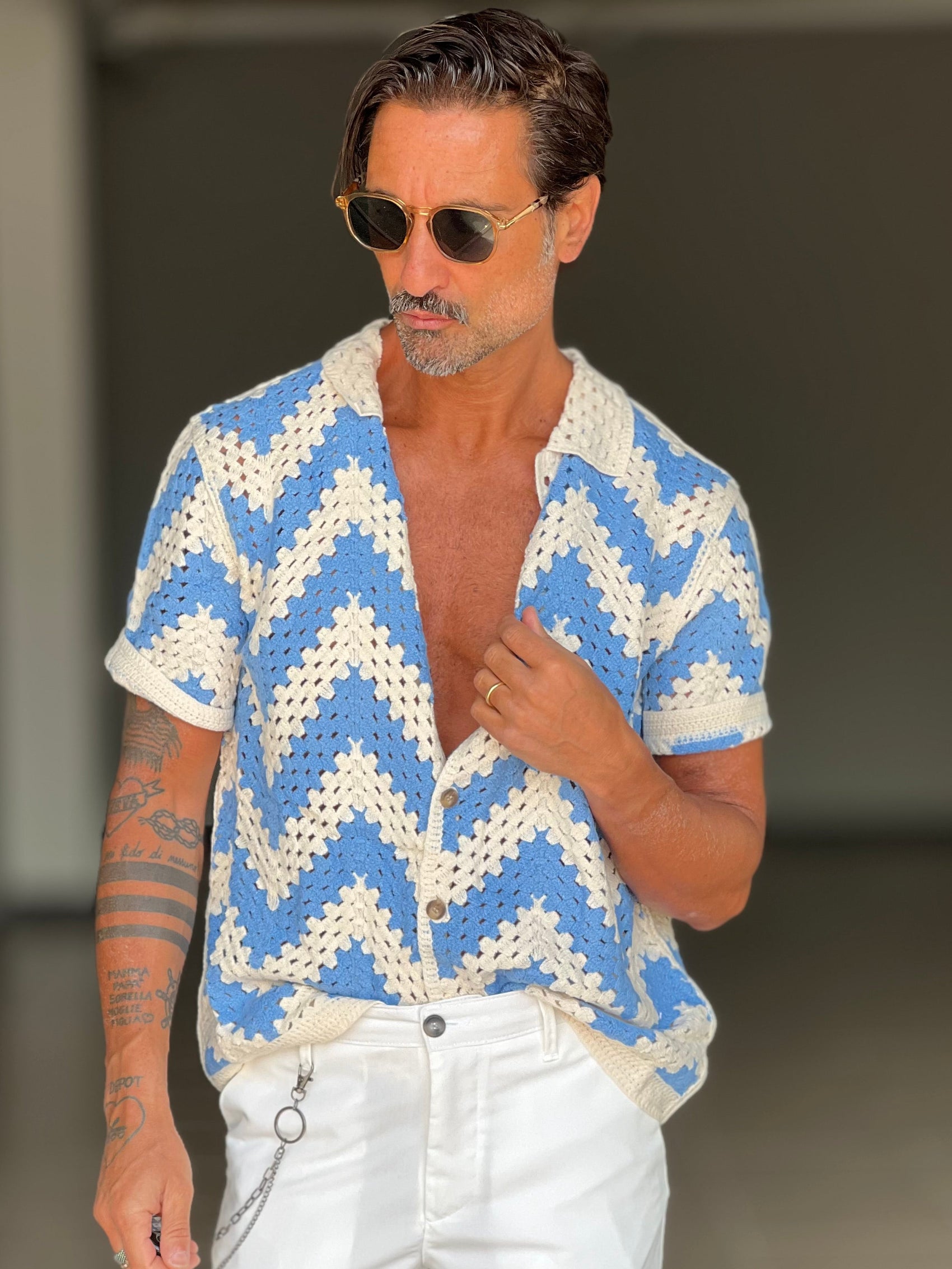 POLO PANNA  DISEGNO ROMBO CELESTE E PANNA   LAVORAZIONE UNCINETTO