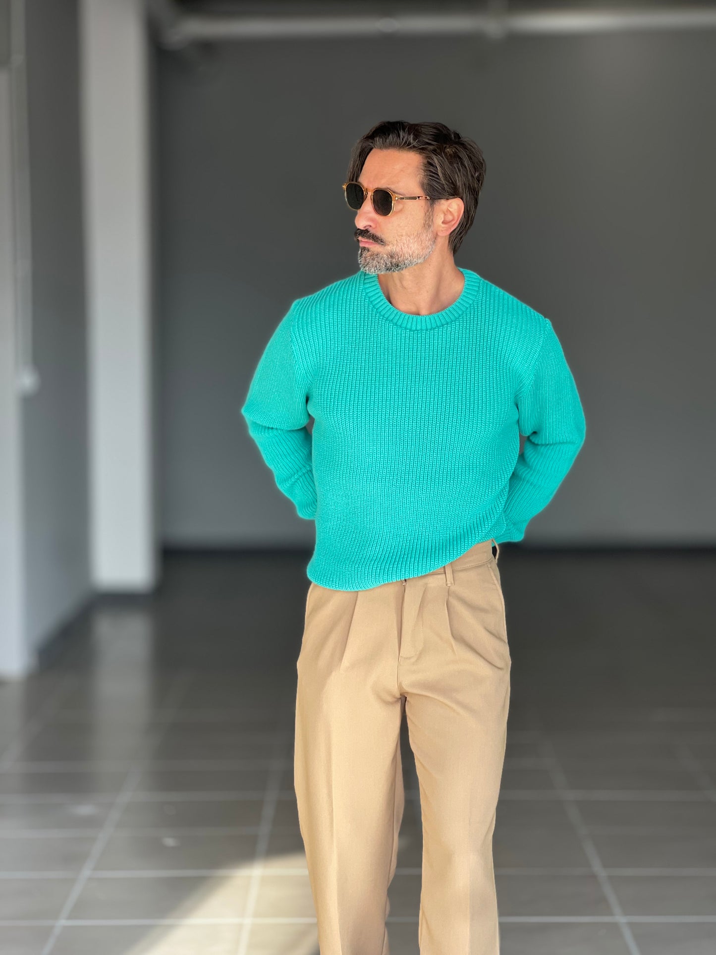 BLUE THREAD COTTON CREW NECK SWEATER