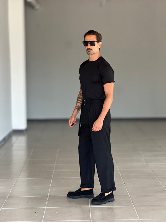 PANTALONE  FONDO AMPIO NERO CINTURA VISCOSA E MISTI
