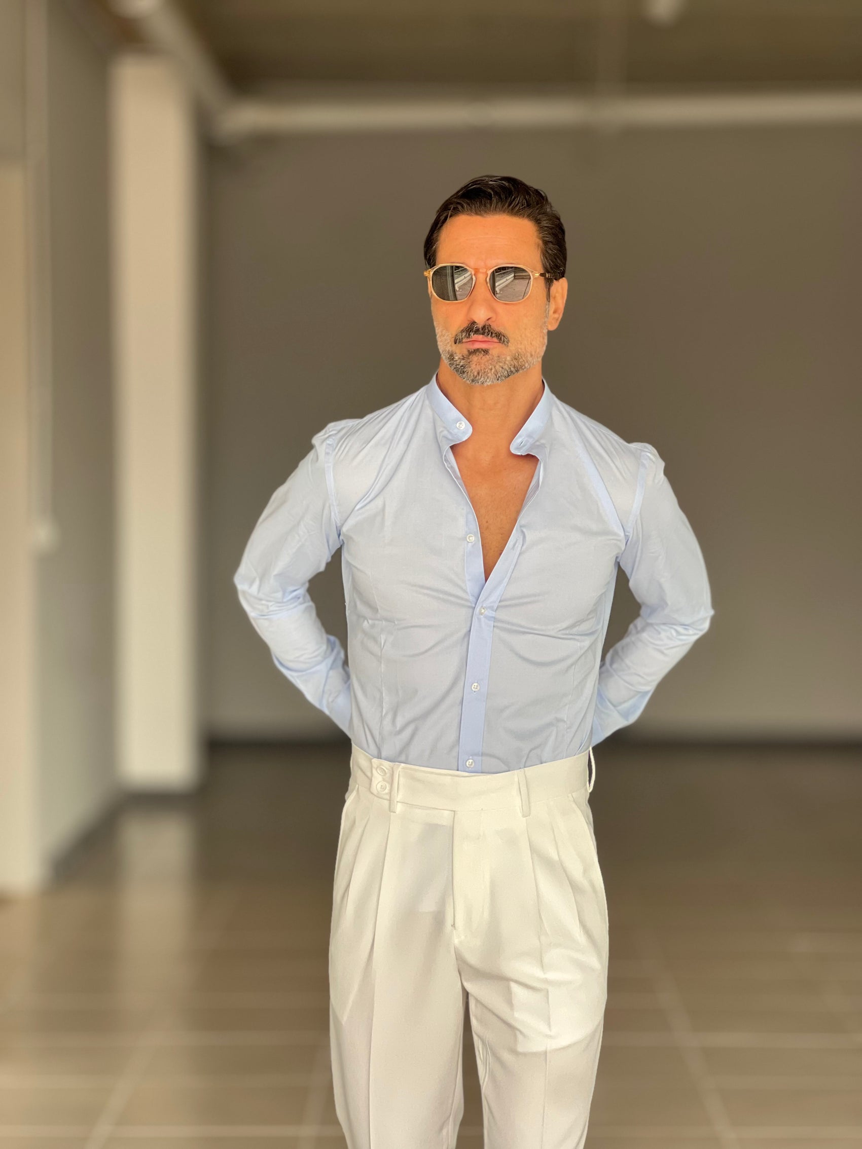 CAMICIA CELESTE COREANA   POPELINE DI COTONE STRECH