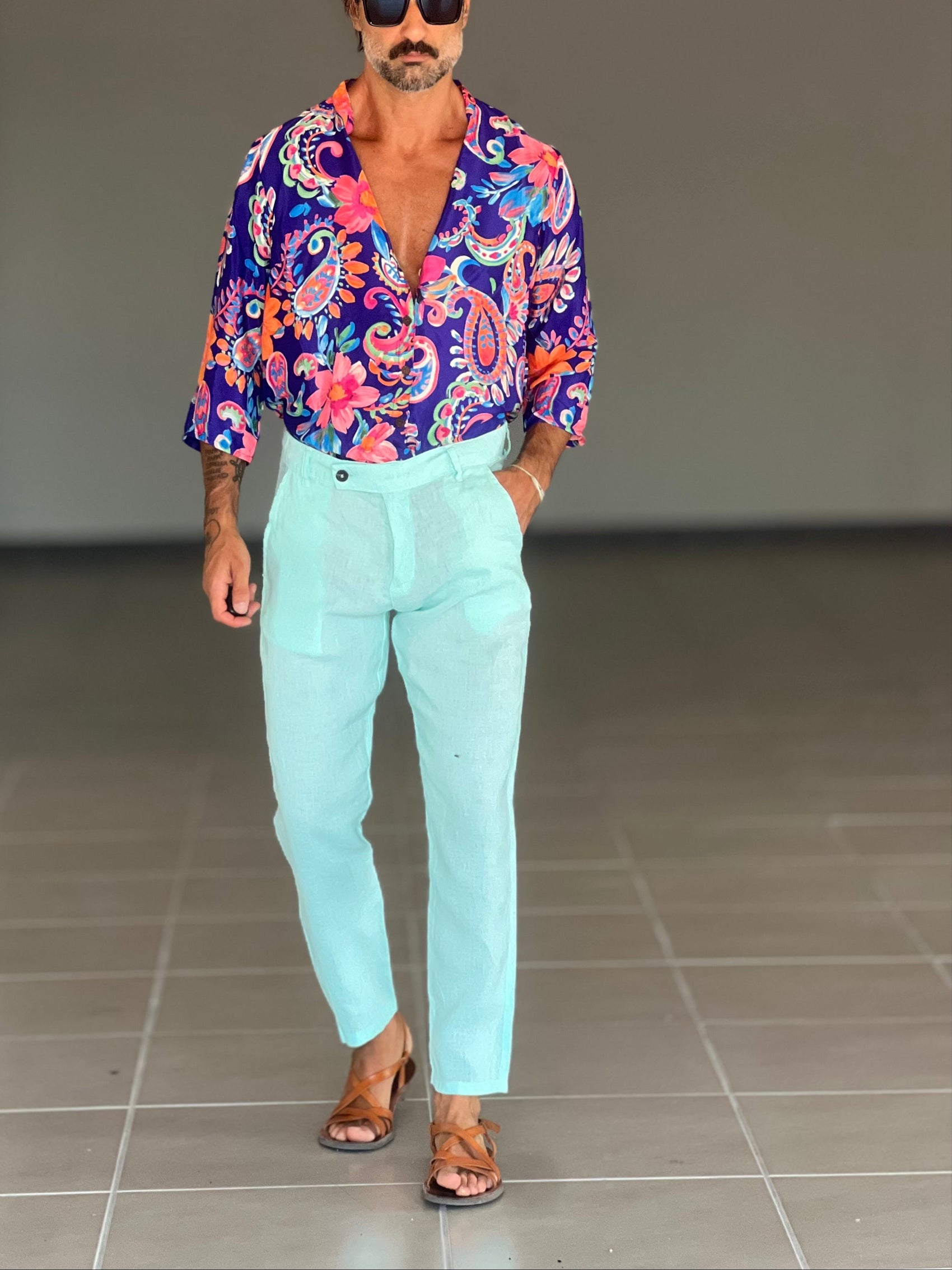 PANTALONE ESTIVO VERDE ACQUA LINO GARZATO