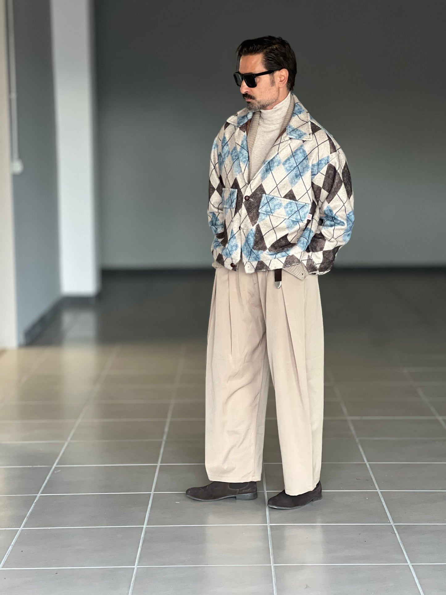 FILL JACKET ROMBO MORO PANNA E CELESTE CROP