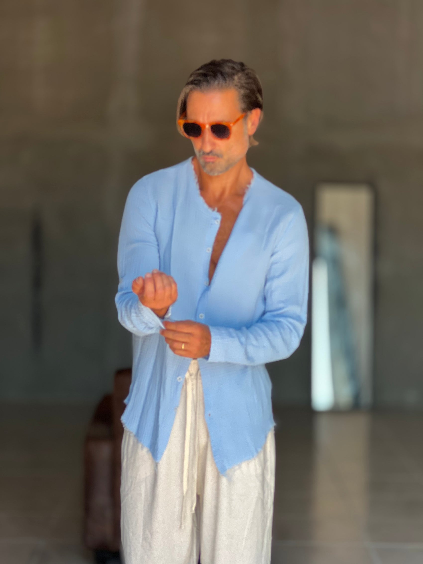 CAMICIA COREANA CELESTE CIELO   CHIARO GOFFRATA COTONE  EFFETTO LINO. 278