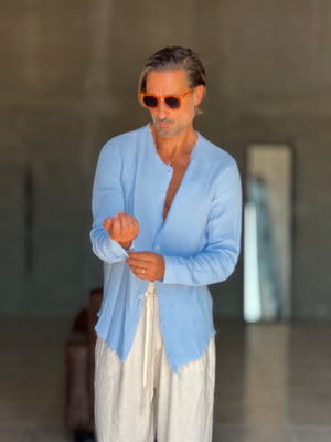 CAMICIA COREANA CELESTE CIELO   CHIARO GOFFRATA COTONE  EFFETTO LINO