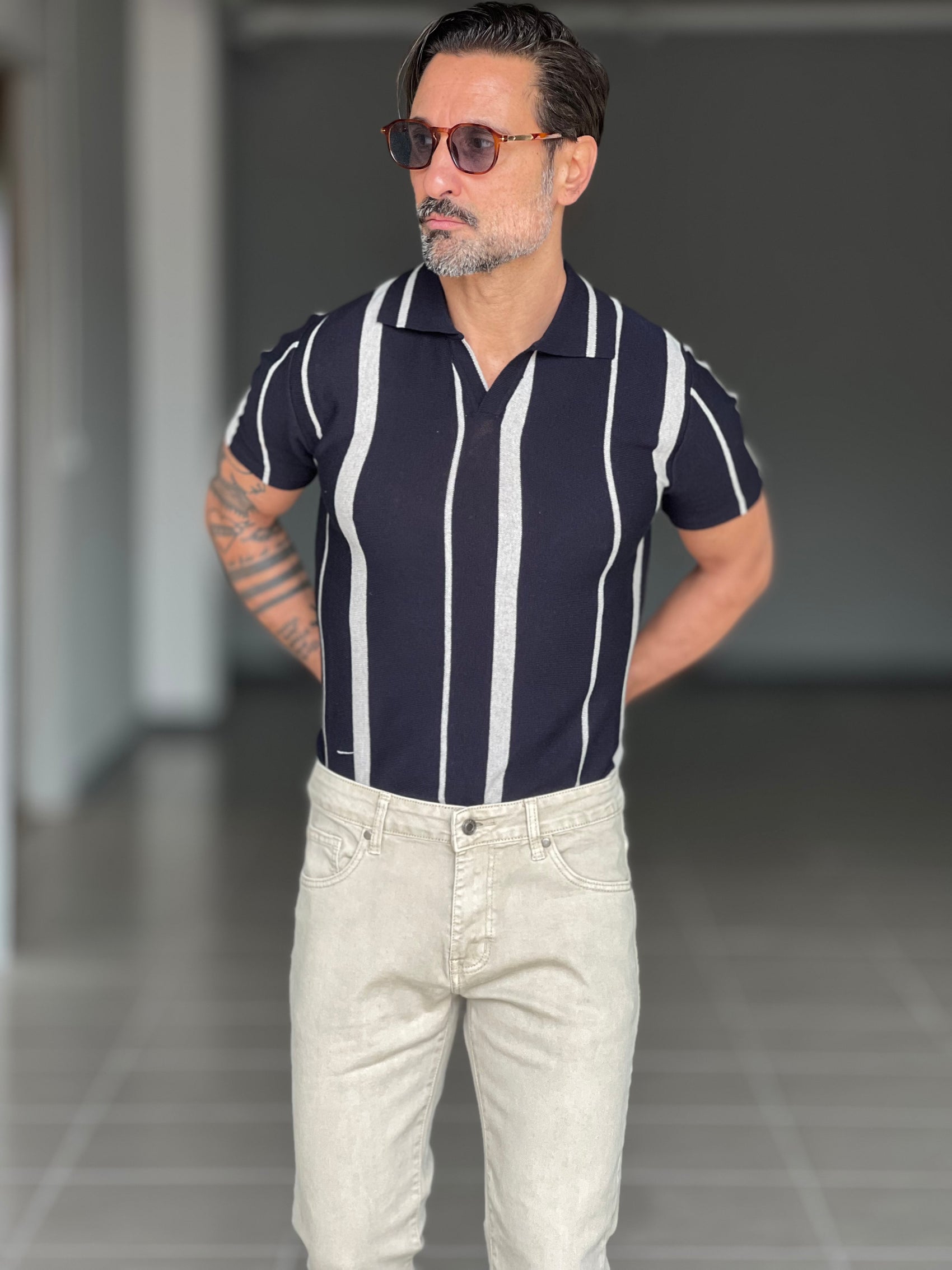 POLO BLU MISTO LINO BICOLORE