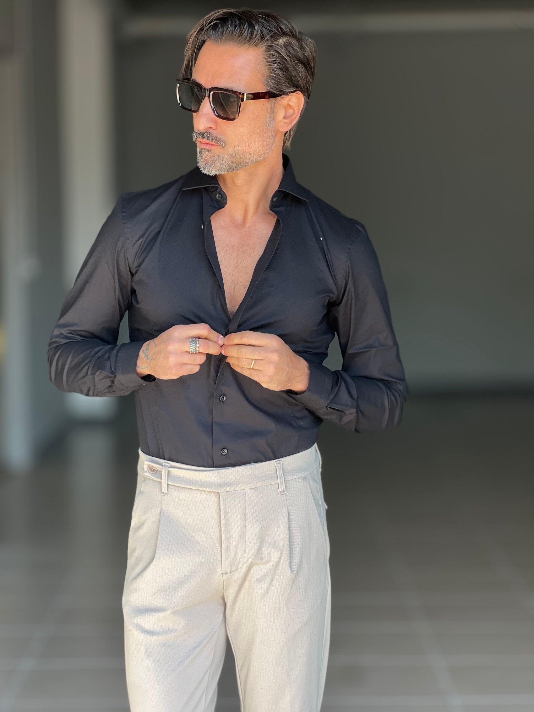 NEW CAMICIA NERA  POPELINE DI COTONE STRECH