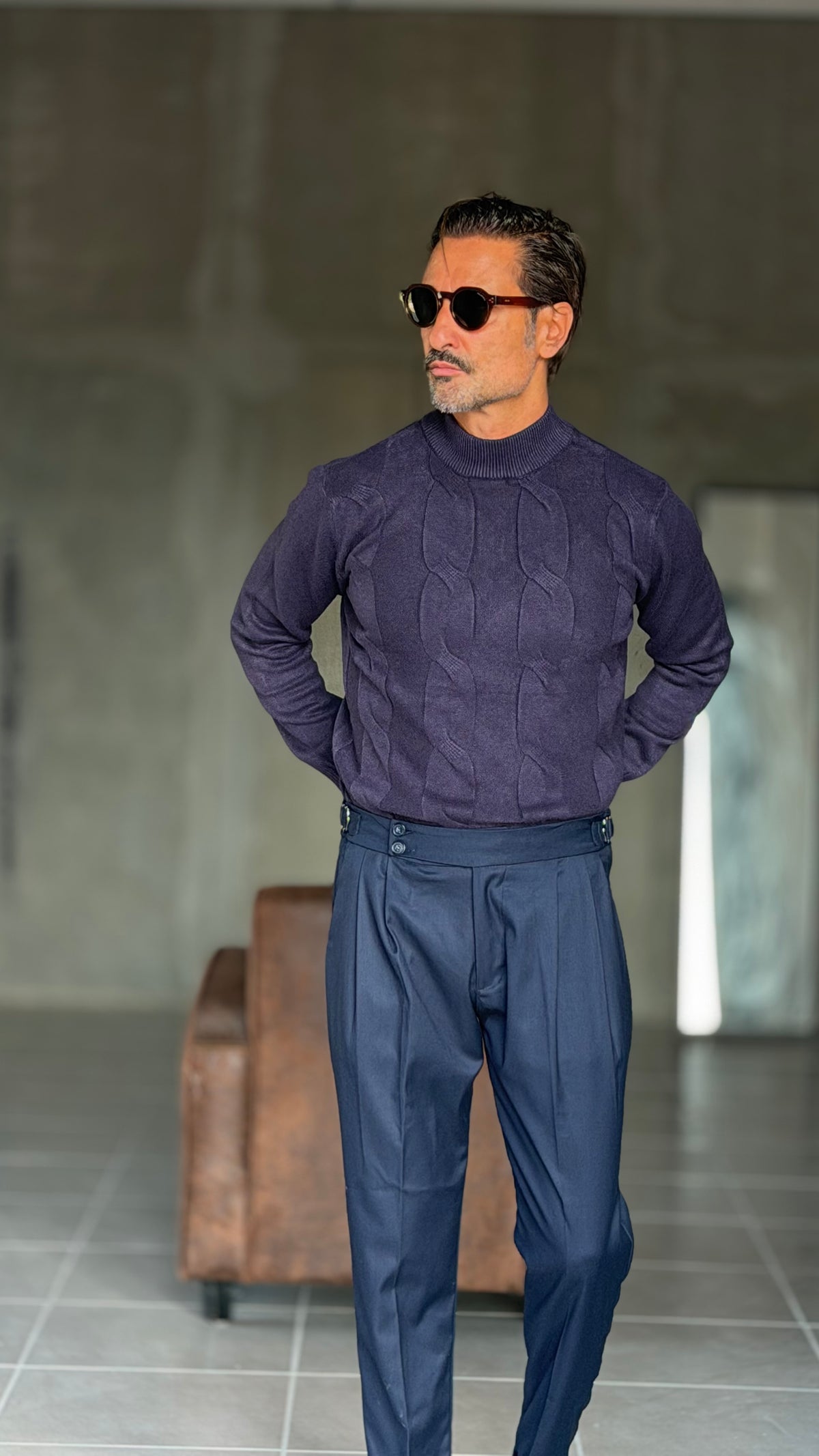 PULLOVER BLU  MEZZO COLLO TRECCIA VISCOSA