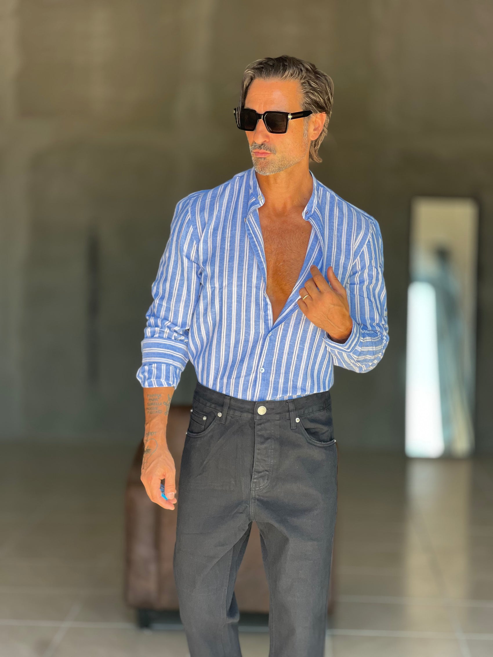 CAMICIA COREANA RIGA MULTICOLOR  BLU  MISTO LINO 777