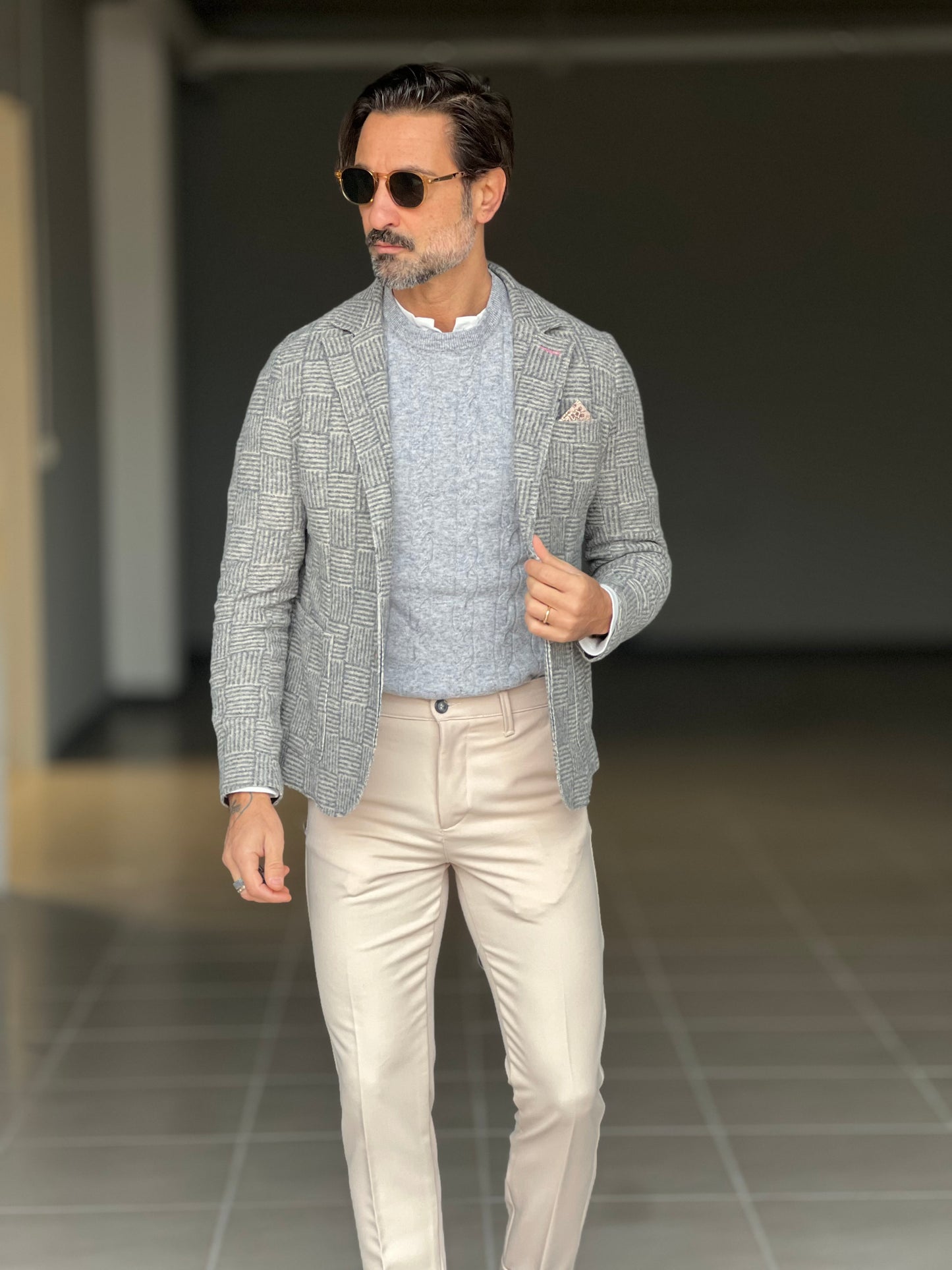 MAGLIA GIRO GRIGIA LANA E CASHEMERE TRECCIA PICCOLA