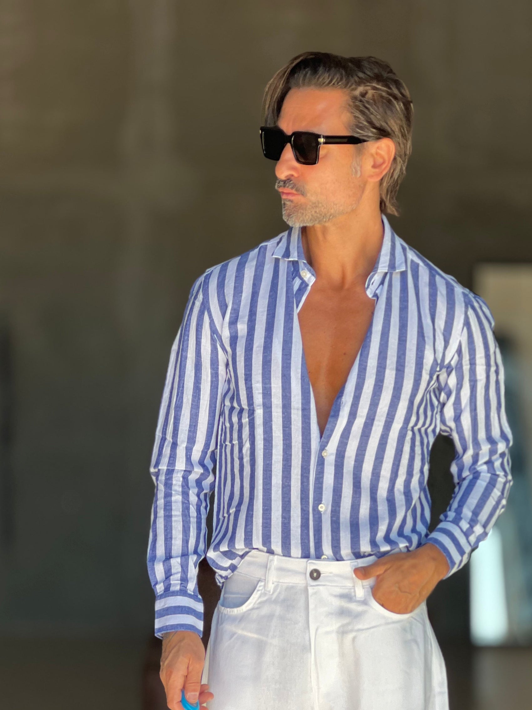CAMICIA   BACCHETTA GRANDE  BIANCA E BLU   LINO E MISTI COLLO ITALIANO