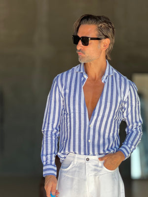 CAMICIA   BACCHETTA GRANDE  BIANCA E BLU   LINO E MISTI COLLO ITALIANO
