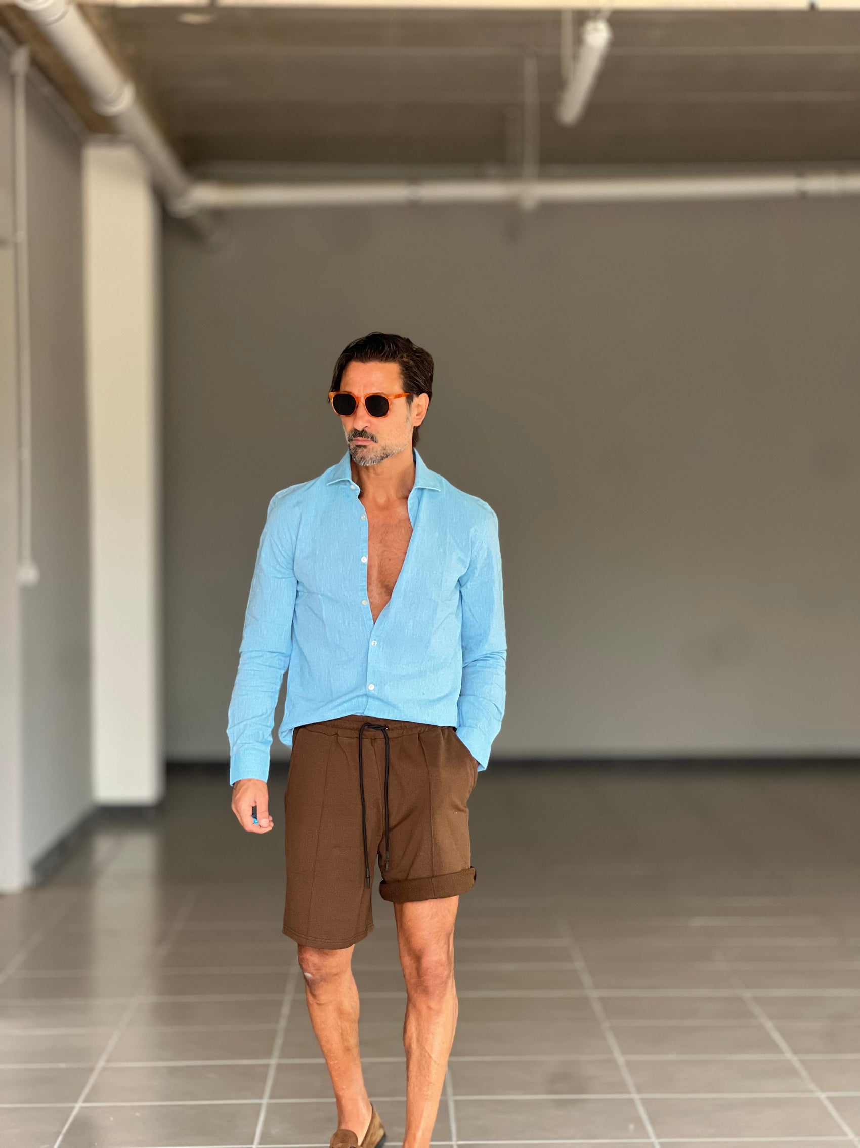 CAMICIA  AZZURRA LINO E MISTI COLLO ITALIANO