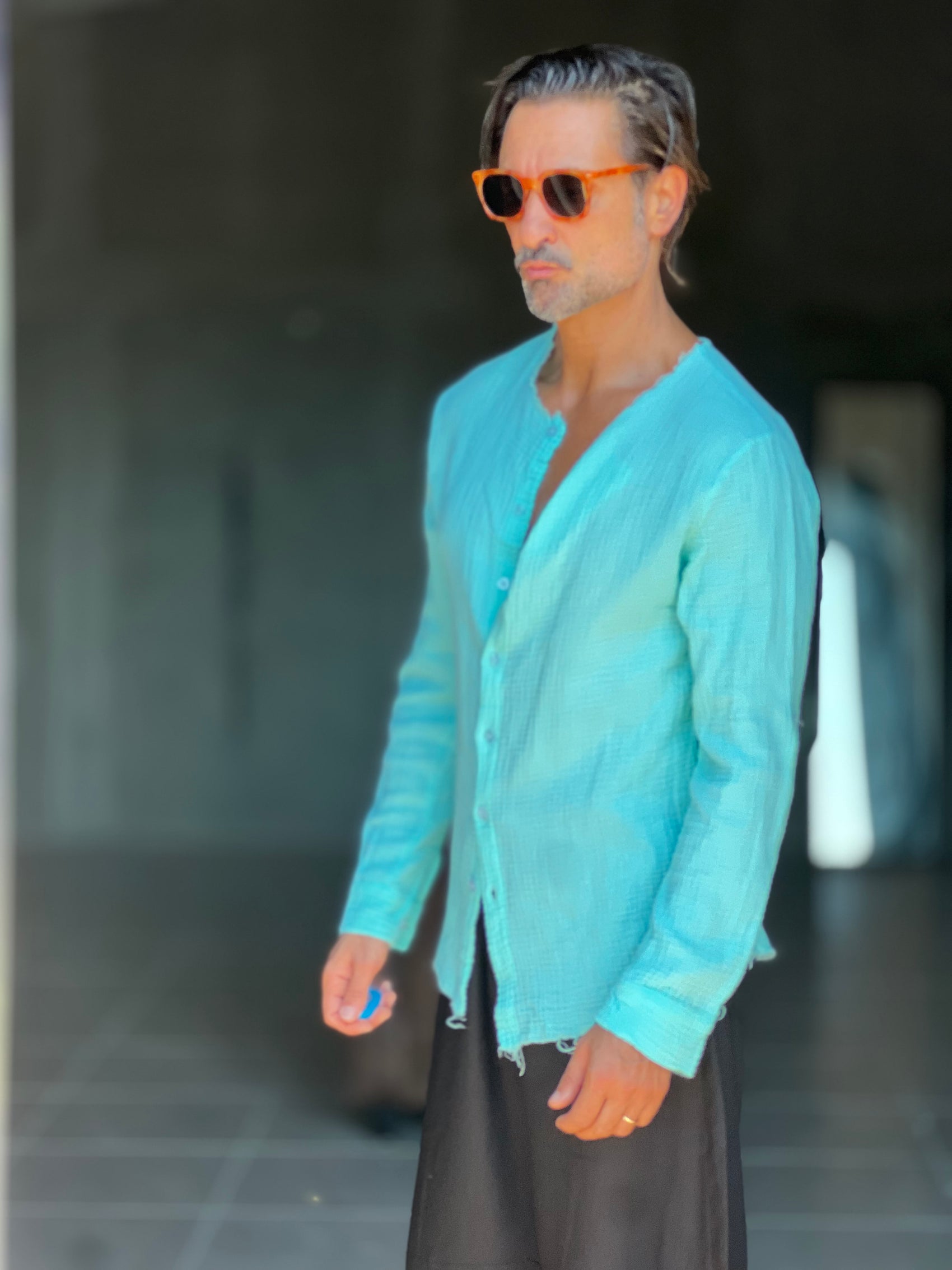 CAMICIA COREANA VERDE ACQUA GOFFRATA COTONE  EFFETTO LINO 278