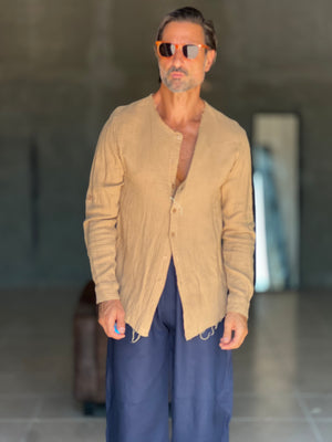 CAMICIA COREANA CARAMELLO  CHIARO GOFFRATA COTONE  EFFETTO LINO