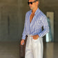 CAMICIA   BACCHETTA GRANDE  BIANCA E BLU   LINO E MISTI COLLO ITALIANO