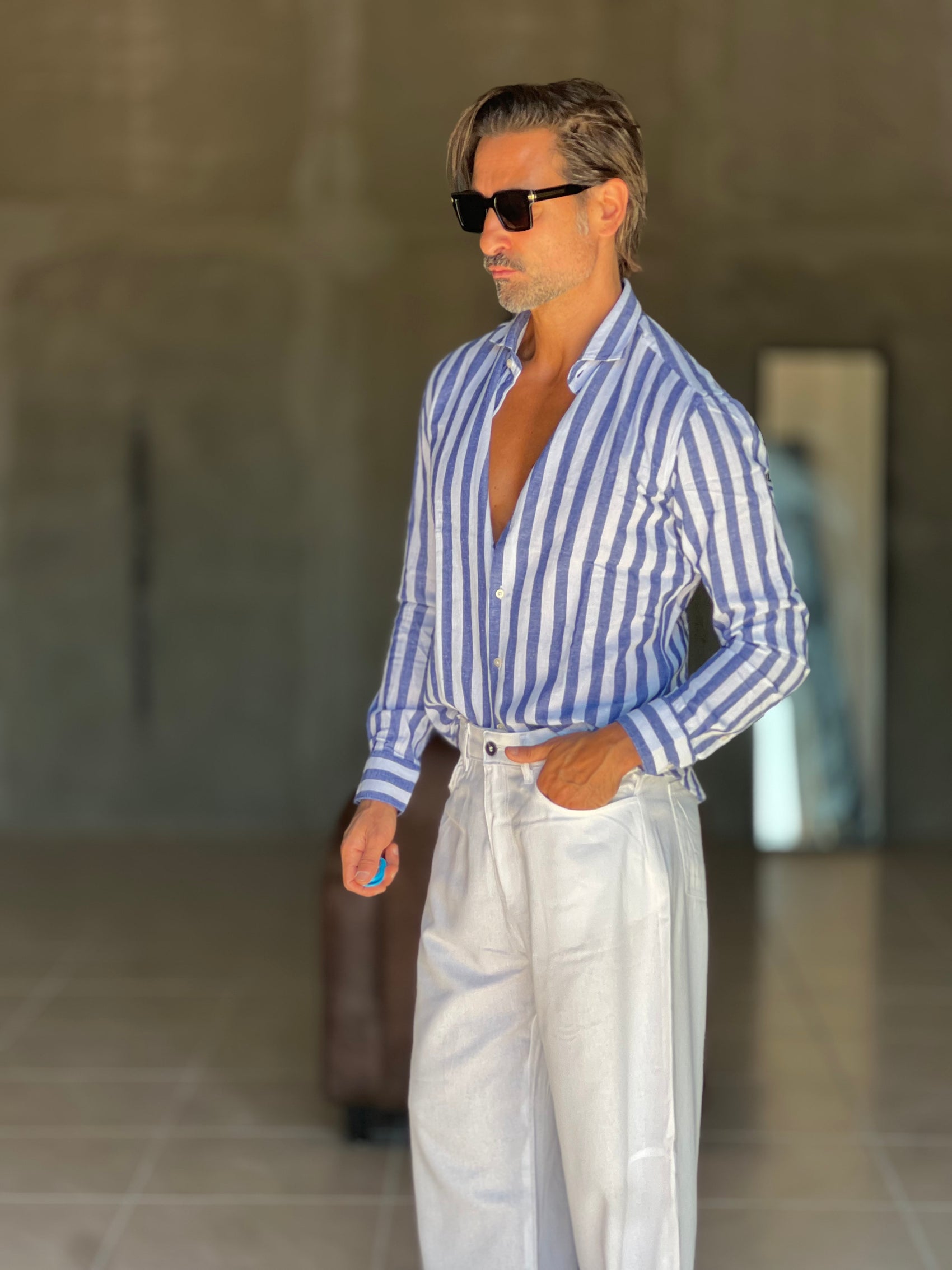 CAMICIA   BACCHETTA GRANDE  BIANCA E BLU   LINO E MISTI COLLO ITALIANO