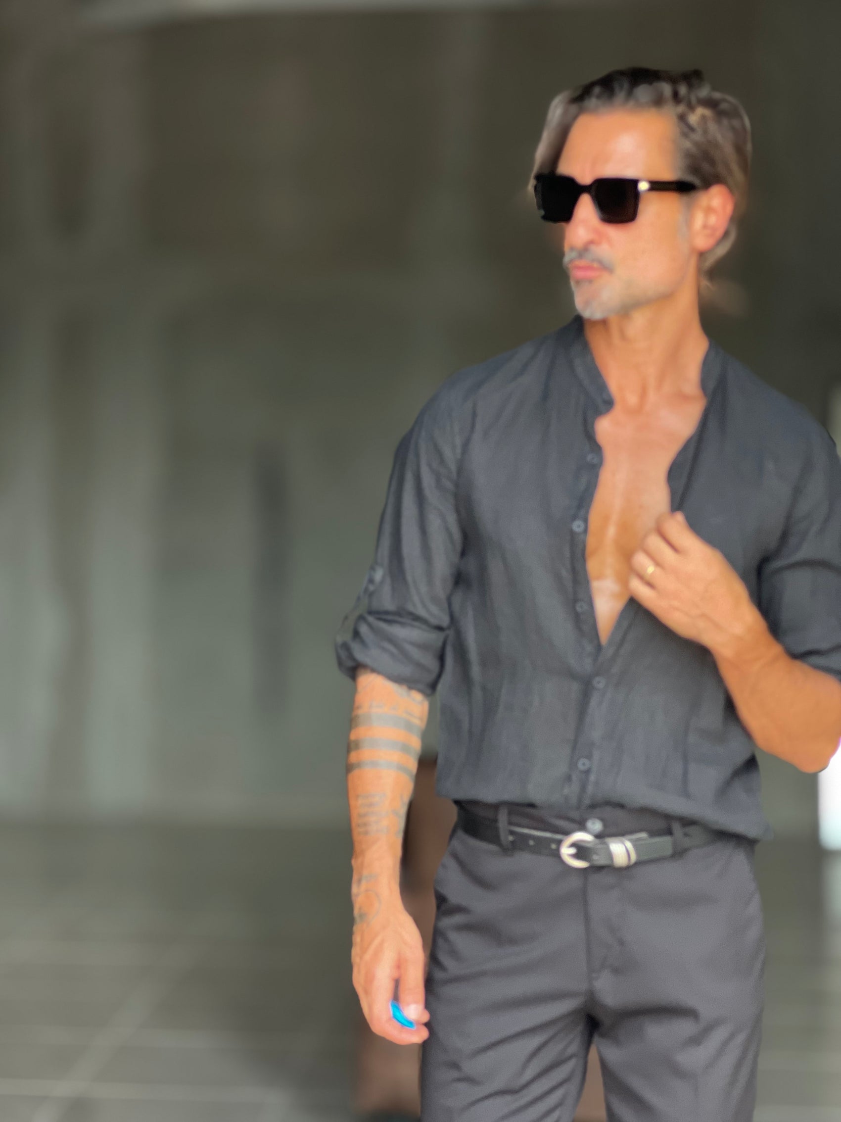 CAMICIA COREANA NERA  LINO