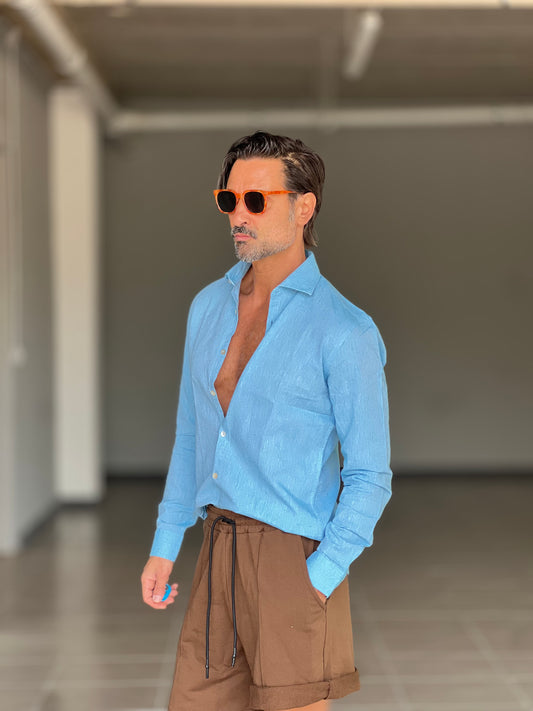 CAMICIA  AZZURRA LINO E MISTI COLLO ITALIANO