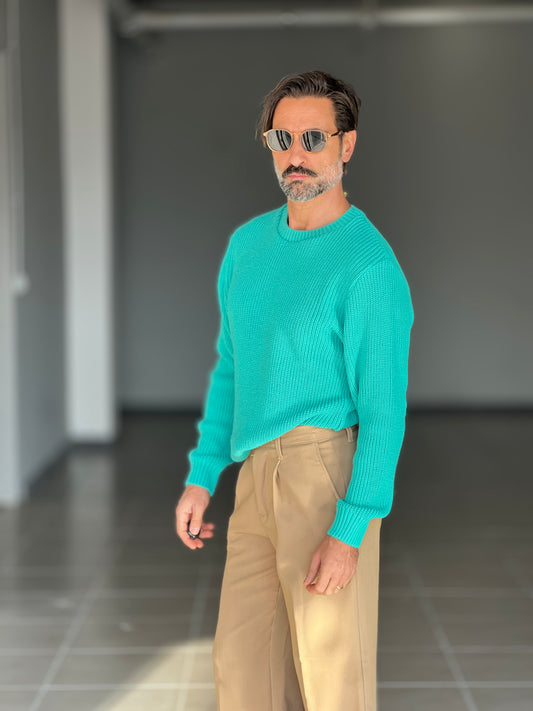 BLUE THREAD COTTON CREW NECK SWEATER