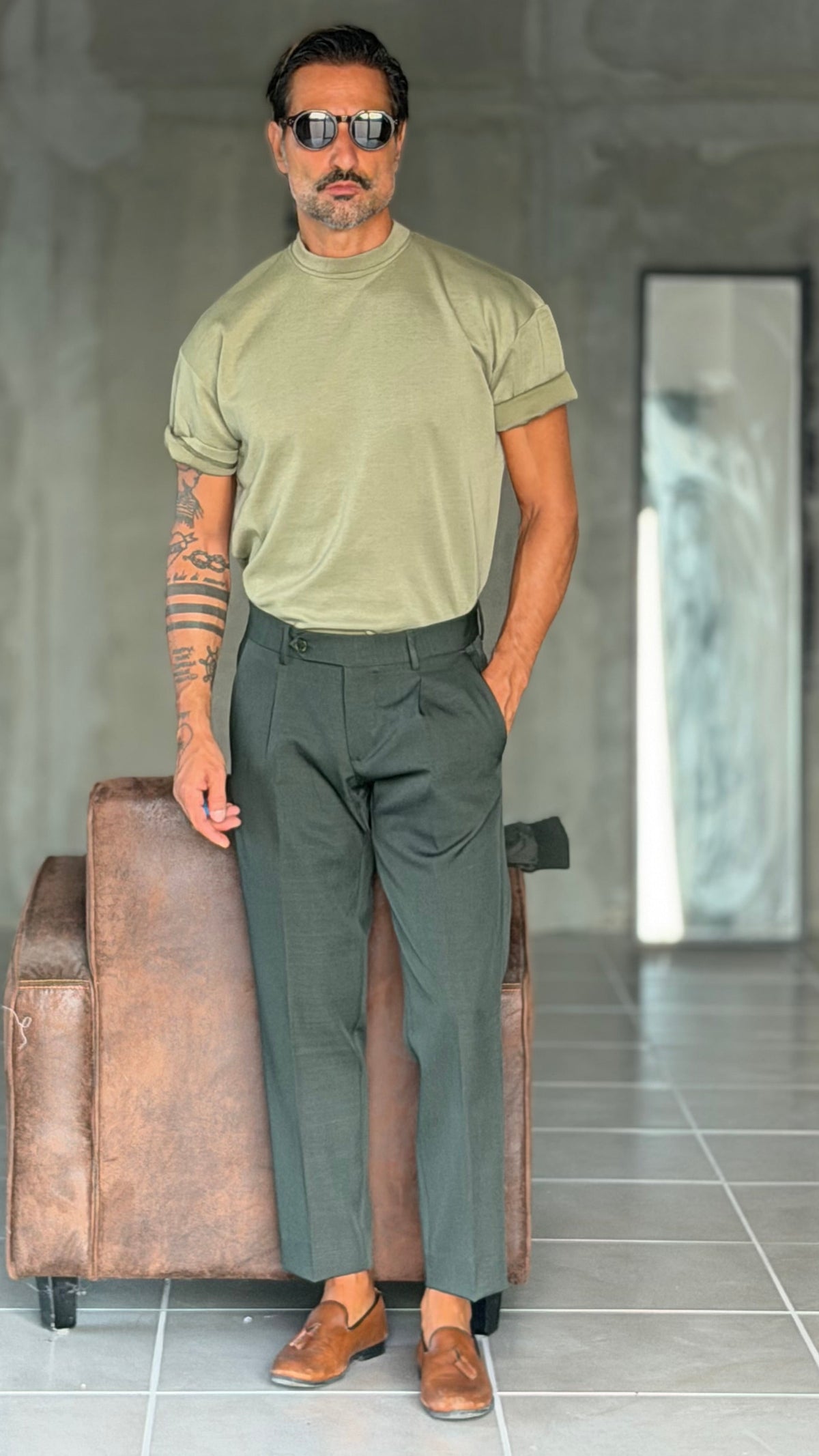PANTALONE  VERDONE  DOPPIAPINCES VISCOSA E MISTI