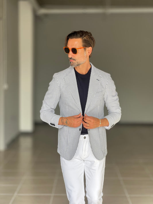 GIACCA  LINO MILLERIGHE BLU MONOPETTO