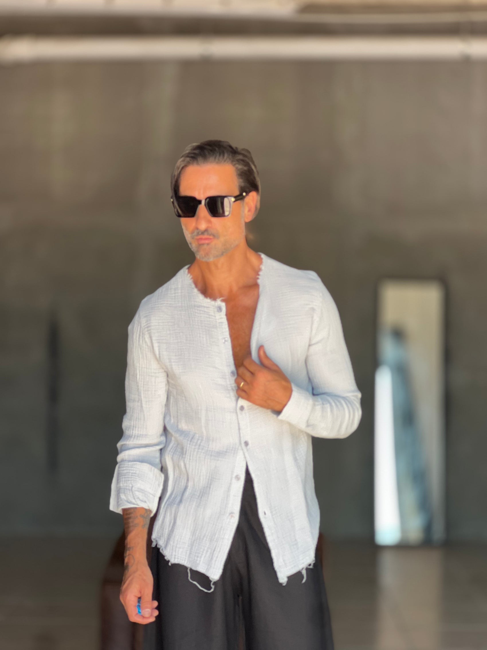 CAMICIA COREANA GRIGIO CHIARO GOFFRATA COTONE  EFFETTO LINO. 278