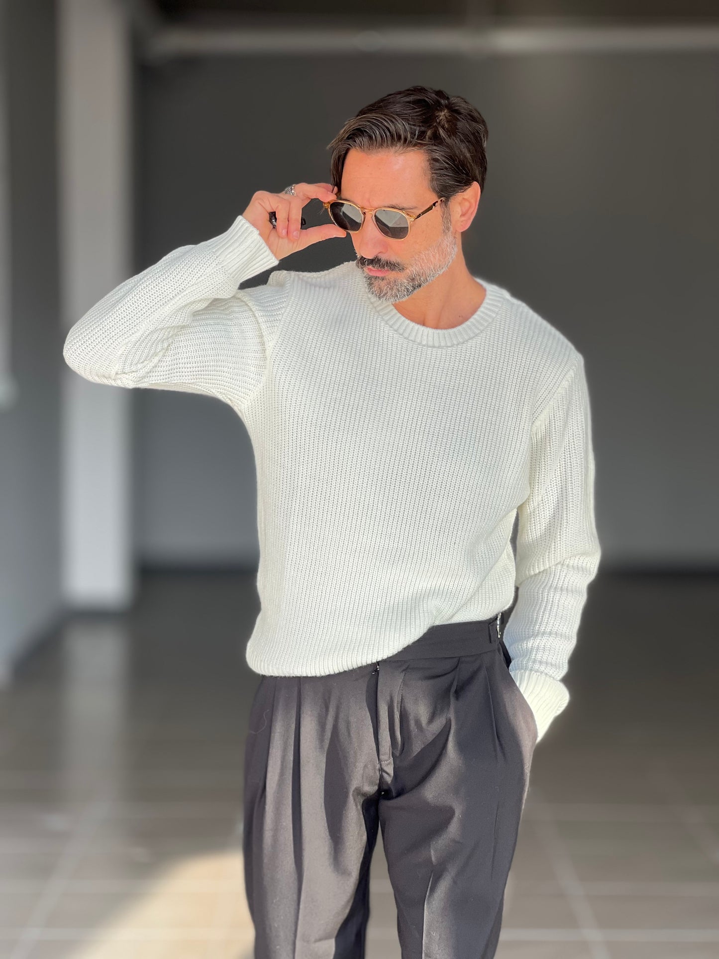 BLUE THREAD COTTON CREW NECK SWEATER