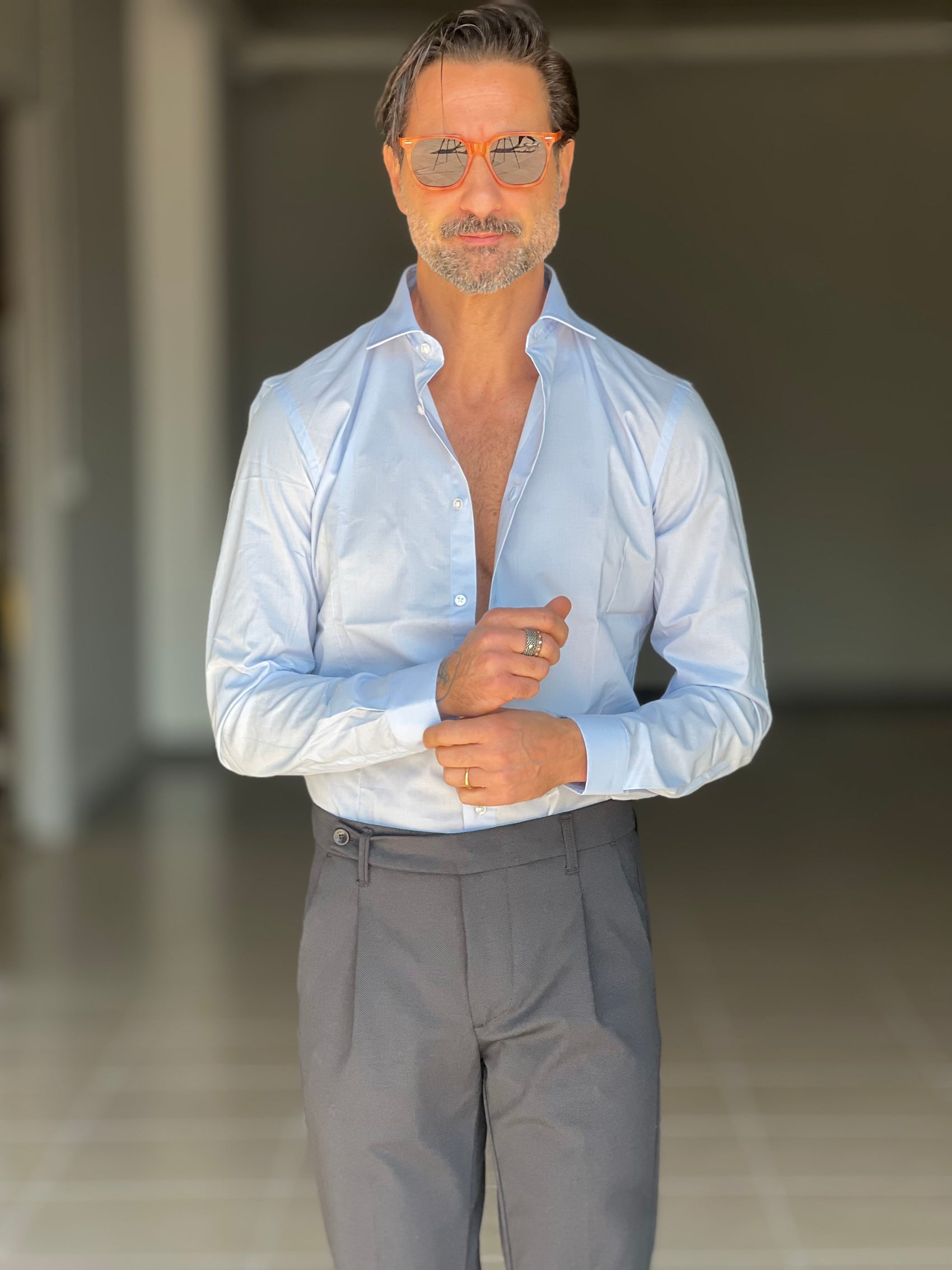 NEW CAMICIA CELESTE POPELINE DI COTONE STRECH