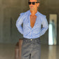 CAMICIA COREANA RIGA MULTICOLOR  BLU  MISTO LINO